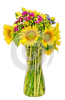 Yellow sunflowers in a transparent vase, close up, isolated, cutout