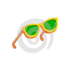 Yellow sunglasses with green lens isolated on white background. Cartoon funny kids orange summer sunglasses icon, label