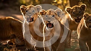 Yellow sunset on savannah, lion family yawns, teeth in focus generated by AI