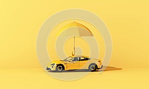 Yellow Super car protected by umbrella on yellow background