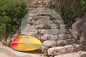 Yellow surfboard waiting for summer sports activity tourism trip