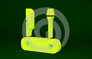 Yellow Swiss army knife icon isolated on green background. Multi-tool, multipurpose penknife. Multifunctional tool