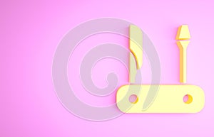 Yellow Swiss army knife icon isolated on pink background. Multi-tool, multipurpose penknife. Multifunctional tool