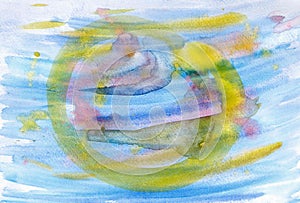 Yellow symbol of Japanese ideal circle in pink and blue stripes space