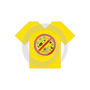 Yellow t-shirt. No drugs allowed. Drugs, marijuana leaf with forbidden sign - no drug. Drugs icon in prohibition red circle.