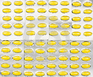 Yellow tablets pills in blister packs. Yellow pills pattern wallpaper. Mefenamic acid tablets pills for relief pain, period cramps