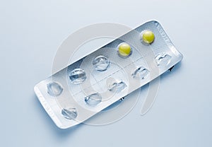 Yellow Tablets pills flu in a Blister packaging doctor antibiotic pharmacy medicine medical