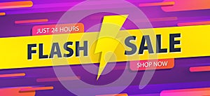 Yellow tag Flash sale 24 hour promotion website banner heading design on graphic purple background vector for banner or poster.