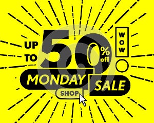 Yellow tag monday sale 50 percent off promotion online shop website banner heading design on graphic purple background vector for