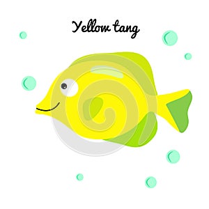 Yellow tang Cartoon aquarium fish with water bubbles. character smiling happily of sea animal Print for clothes, baby shower