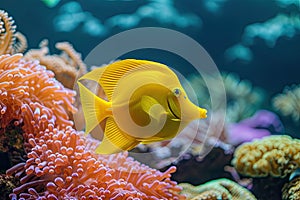 Yellow tang fish on coral reef