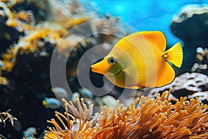 Yellow tang fish on coral reef