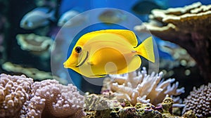 Yellow tang fish on coral reef