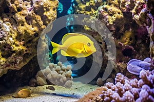 yellow tang fish exploring the crevices of a coral bed