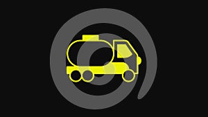 Yellow Tanker truck icon isolated on black background. Petroleum tanker, petrol truck, cistern, oil trailer. 4K Video