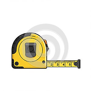 Yellow tape measure illustration with a rectangular, compact plastic casing featuring