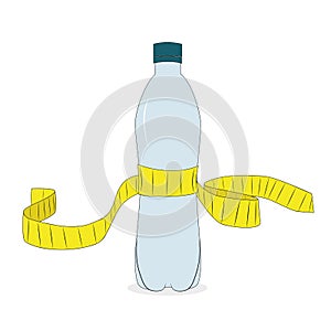 Yellow tape measure and water bottle. slimming concept. vector illustration.