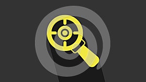 Yellow Target financial goal concept with magnifying glass icon isolated on grey background. Symbolic goals achievement