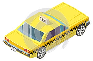 Yellow taxi back isometric icon. Cab car