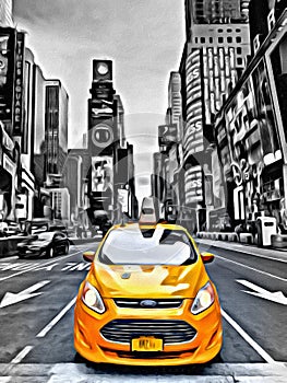 Yellow taxi in black and white Times Square Manhattan New York city USA artistic painting brushed photo