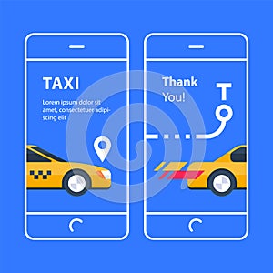 Yellow taxi on blue background, auto transport service, rental car, mobile app banner