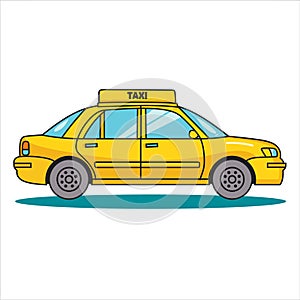 Yellow taxi cab cartoon illustration side view. City transport yellow sedan taxi vehicle