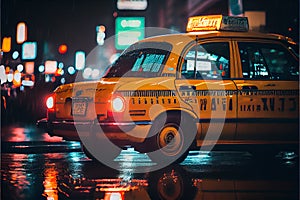 Yellow taxi cab in Tokyo type city at night