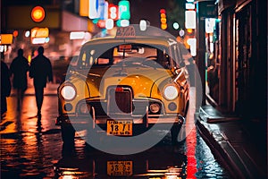 Yellow taxi cab in Tokyo type city at night