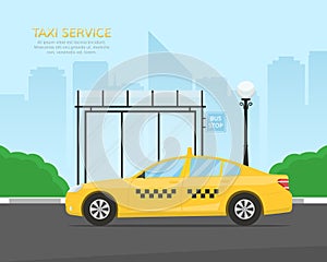Yellow taxi cab waiting passengers at a bus stop near the park. Template for a banner or billboard Taxi service.