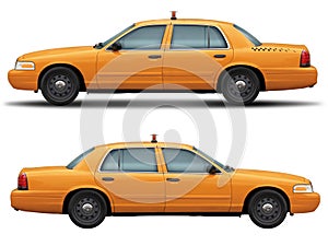 Yellow taxi car ford crown victoria side view.