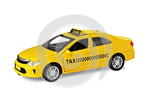 Yellow taxi car model on white