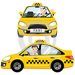 Yellow taxi car and taxi driver. He is fastened with a seat belt in the cabin.