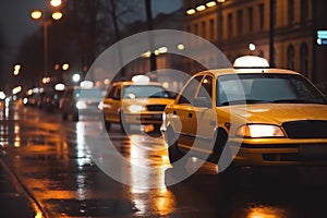 Yellow Taxi cars are driving down the Central City Street