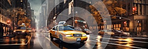 Yellow taxi drives along busy big city street? Banner 3:1