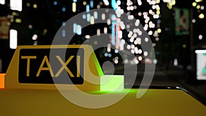 Yellow taxi sign on car around city