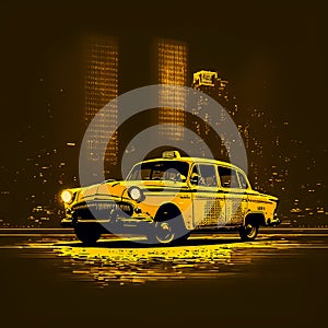 Yellow taxicab riding fast at night