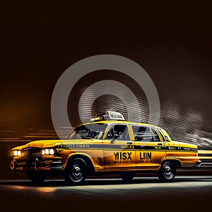 Yellow taxicab riding fast at night