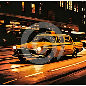 Yellow taxicab riding fast at night