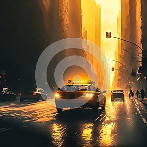 Yellow taxicab riding fast at night photo