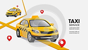 yellow taxis or cabs is driving to drop off passengers following the yellow GPS