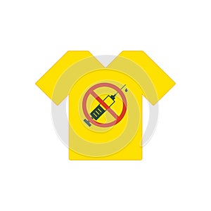 Yellow tee shirt. No drugs allowed. Syringe with forbidden sign - no drug. Syringe icon in prohibition red circle.