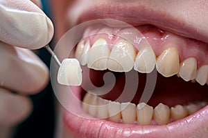 Yellow Teeth veneers treatment whitening. Happy smiling person. Generation AI