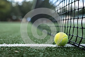 Yellow tennis ball at the net