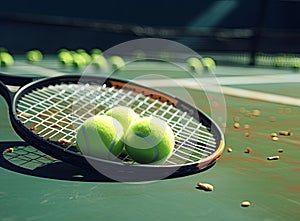 Yellow tennis ball and racket lie on the clay court close up. Created with Generative AI technology.