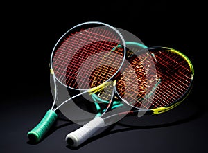 Yellow tennis ball and racket lie on the clay court close up. Created with Generative AI technology.