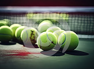 Yellow tennis ball and racket lie on the clay court close up. Created with Generative AI technology.