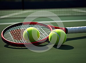 Yellow tennis ball and racket lie on the clay court close up. Created with Generative AI technology.