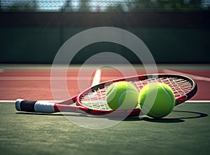 Yellow tennis ball and racket lie on the clay court close up. Created with Generative AI technology.