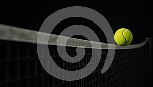 Yellow tennis ball soaring towards blackbackdrop tennis net banner for text insertion Generated by photo