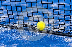 Yellow tennis balls in court on blue turf.  Horizontal sport poster, greeting cards, headers, website